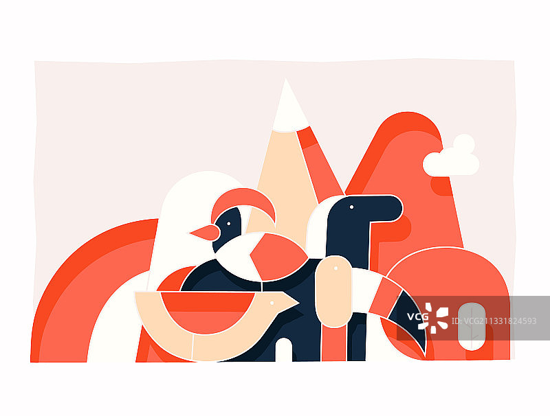 抽象背景上的小马和鸟类图片素材