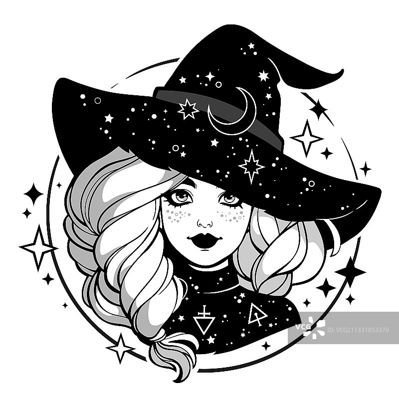 戴星星帽子的单色可爱女巫图片素材