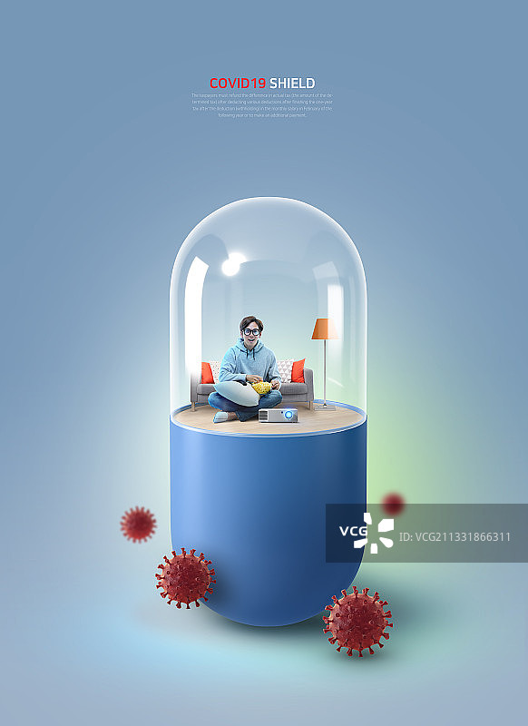 远离新冠病毒概念，亚洲模特在防护舱中享受日常生活图片素材