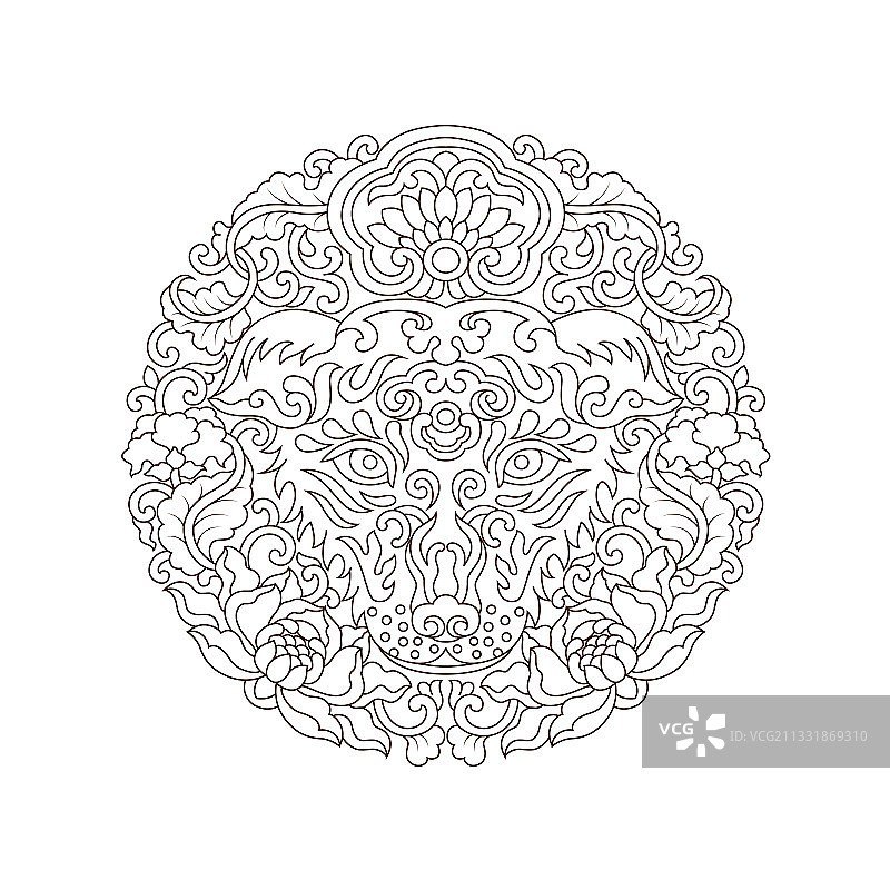 十二生肖圆形花纹之黑白线条狗图片素材