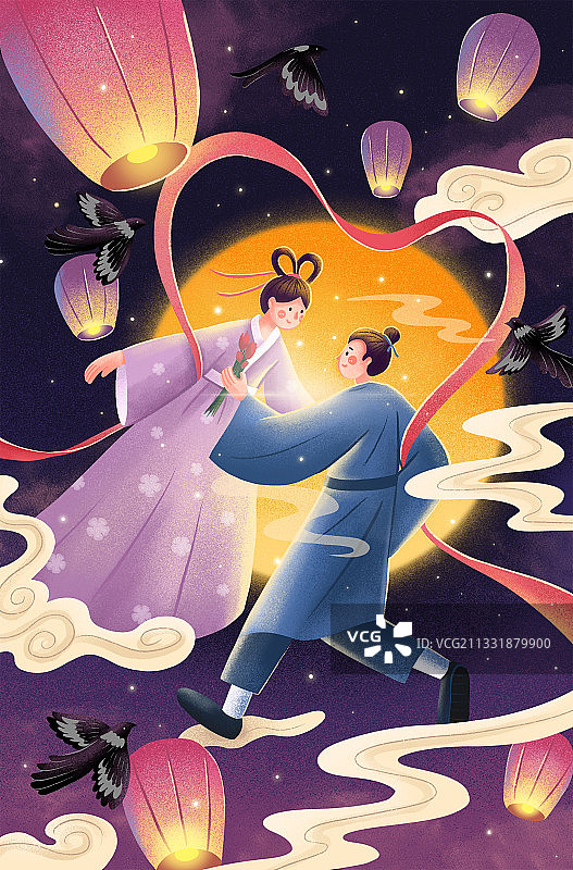 七夕节牛郎与织女的爱情相会图片素材