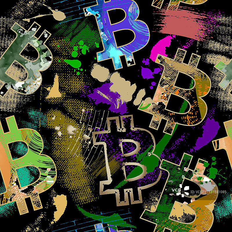 比特币无缝图案彩色复古设计图片素材