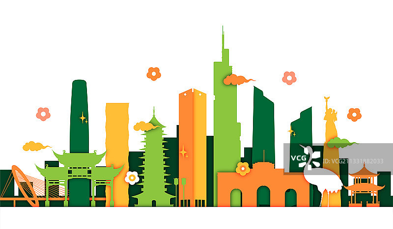 剪纸风南京地标建筑矢量插画图片素材