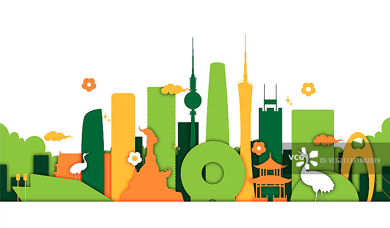 剪纸风广州地标建筑矢量插画图片素材