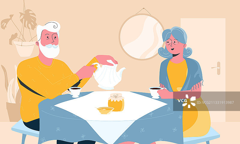 老年夫妇等待朋友喝茶图片素材