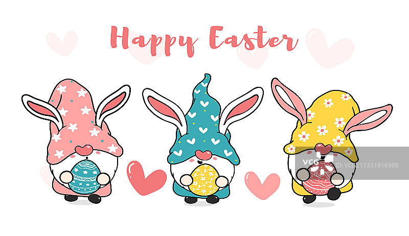 三只带有兔子的可爱甜美复活节兔子侏儒图片素材