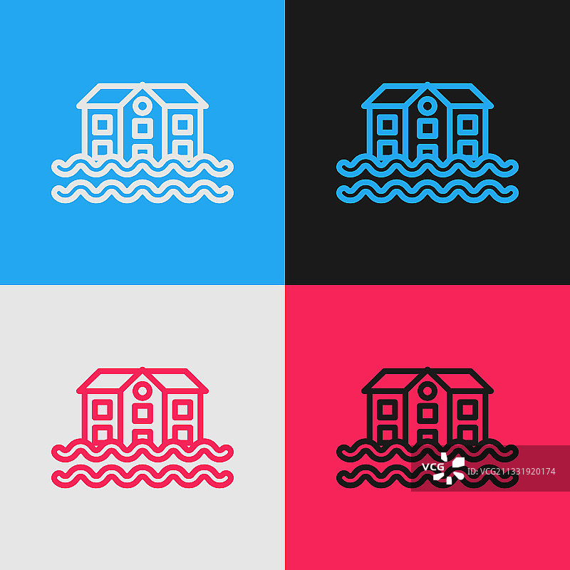 彩色背景上的波普艺术风格房屋洪水图标图片素材