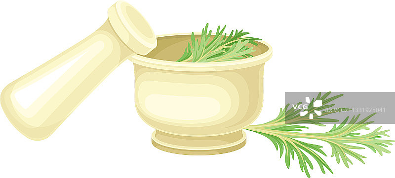 装有新鲜艾草的研钵和研杵图片素材