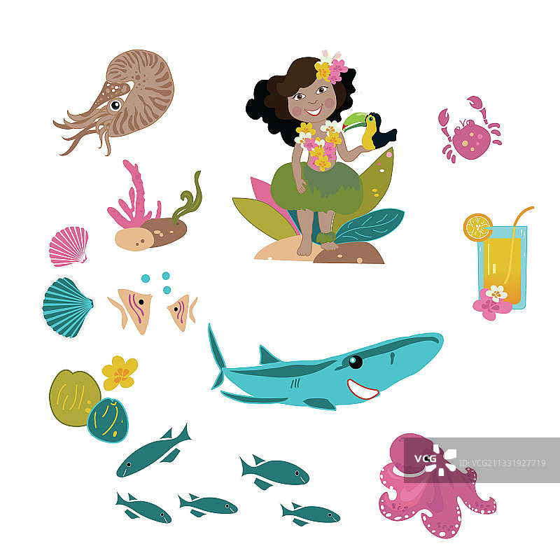 蓝色背景珊瑚图案海鱼鲨鱼图片素材