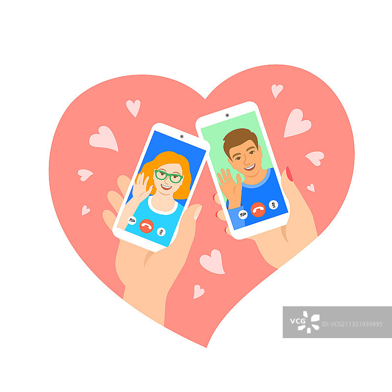 在线约会年轻情侣视频通话扁平概念图片素材