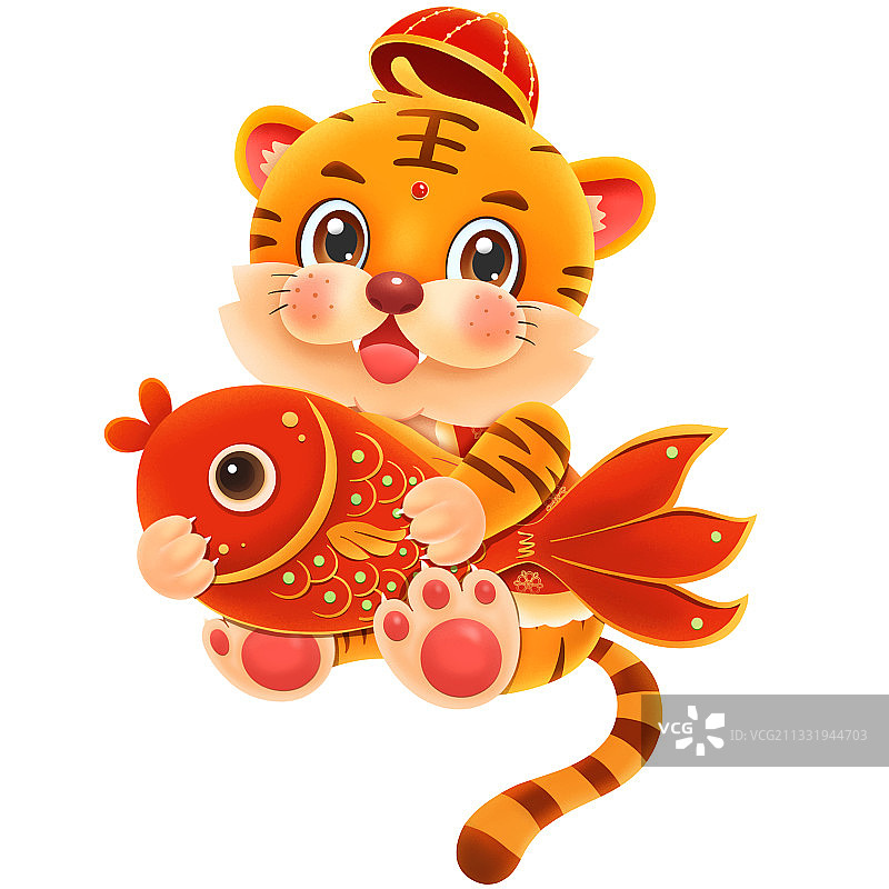 2022年新年虎年卡通老虎抱锦鲤鱼图片素材