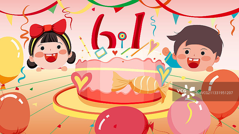 小男孩和小女孩在吃蛋糕庆祝六一儿童节矢量插画图片素材