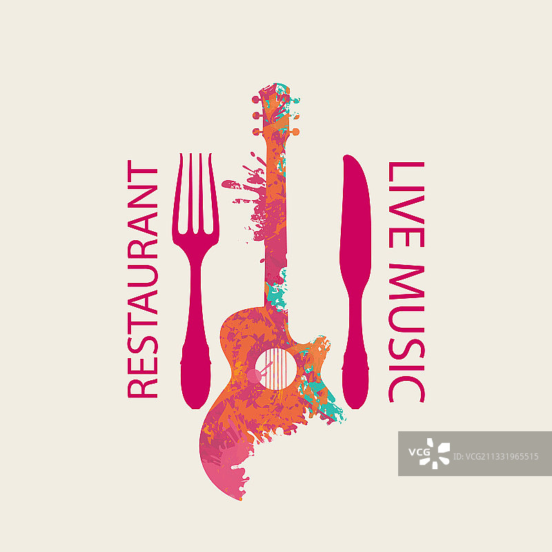 音乐餐厅菜单，含吉他和餐具图片素材