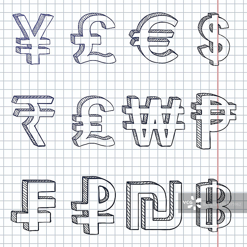 现代货币符号素描合集图片素材