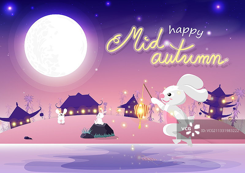 中秋节可爱兔子赏满月卡通图片素材