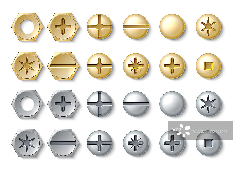 逼真的螺栓和螺钉铆钉和不锈钢图片素材