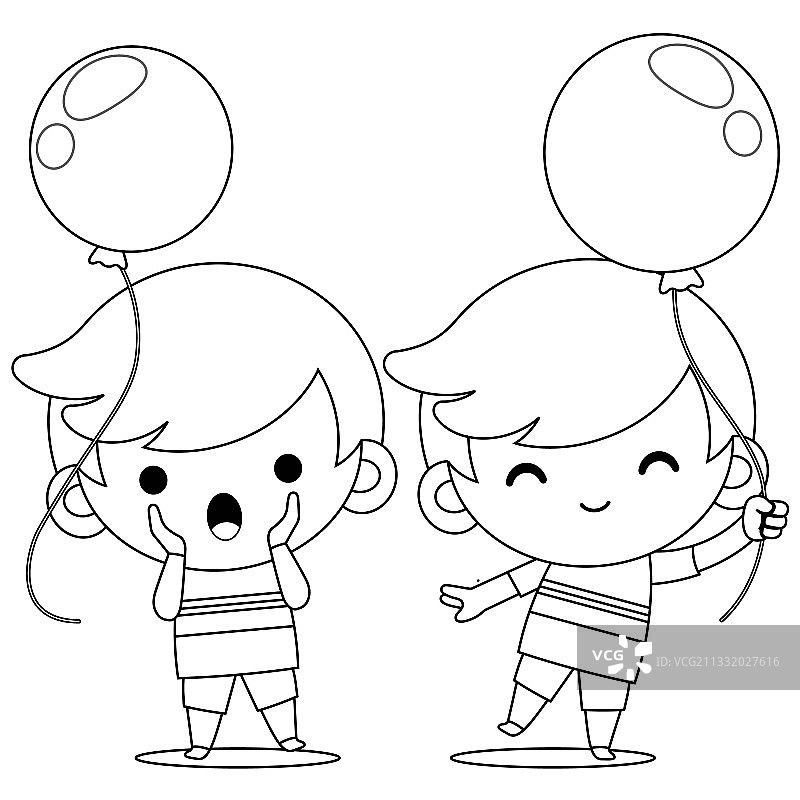 儿童填色书：双胞胎男孩拿着气球图片素材