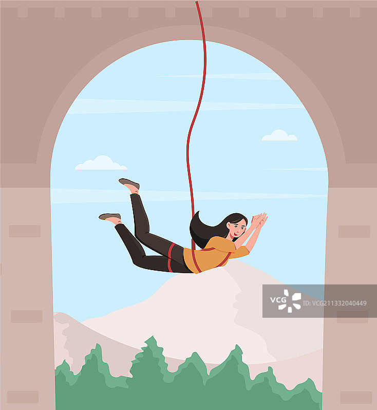 快乐的女性角色正在玩蹦极图片素材