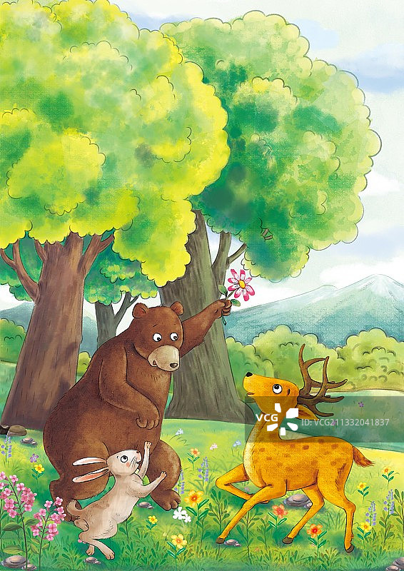 熊兔子鹿一起玩图片素材