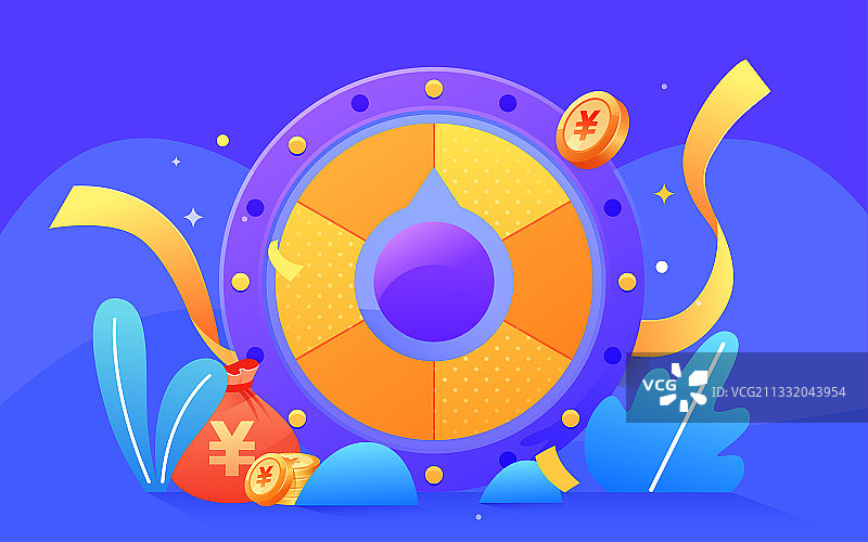 卡通抽奖转盘互联网金融收益福袋理财插画图片素材