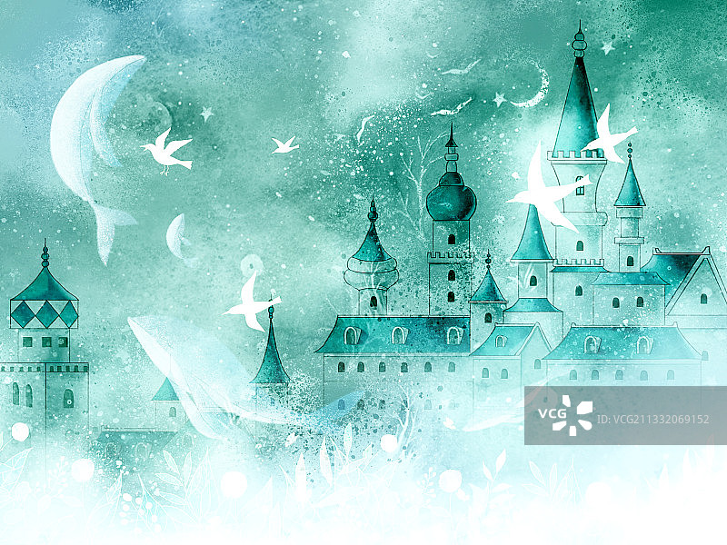 鲸鱼和飞鸟围绕在云端上的城堡飞行图片素材