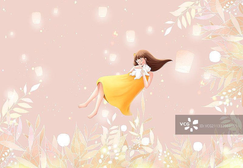 抱着白色小狗穿橙色裙子的美少女图片素材