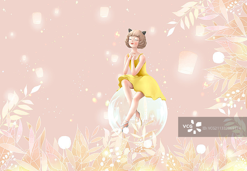 坐着气球上的猫耳少女图片素材