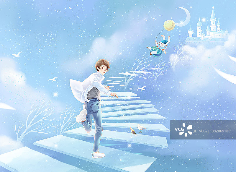向空中水晶城奔跑而去的白衣少年图片素材