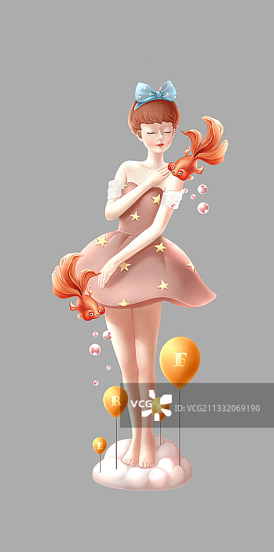 站在云朵上的粉裙少女图片素材