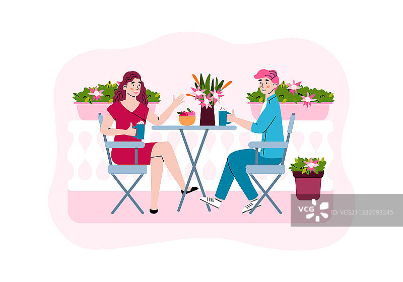 在阳台或鲜花盛开的露台上的情侣图片素材