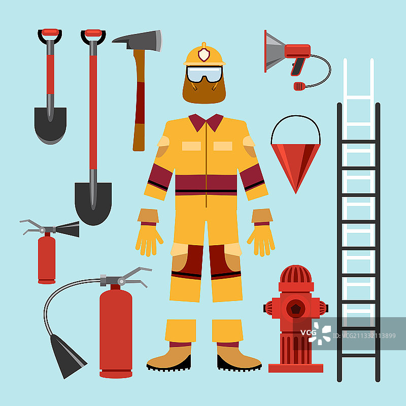 扁平消防员制服和工具设备图片素材
