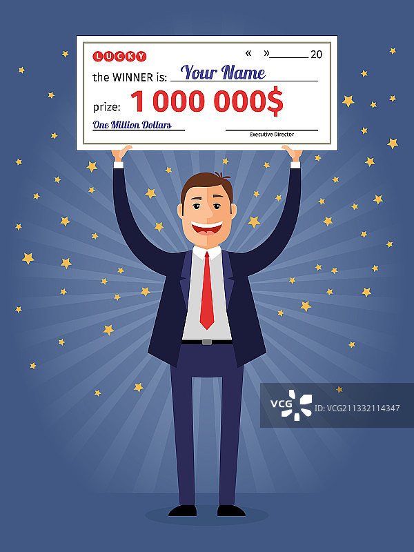 男人手持百万美元中奖支票图片素材