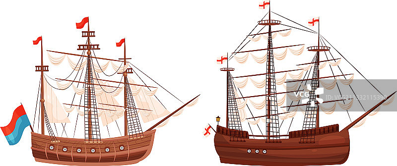 带风帆和飘扬旗帜的旧木船图片素材