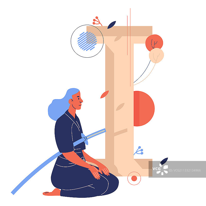 女人跪坐着手持日本长剑图片素材