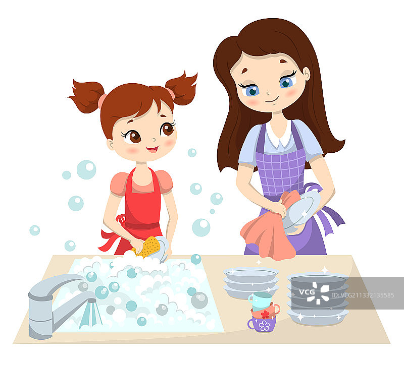 妈妈和小女儿一起洗碗图片素材