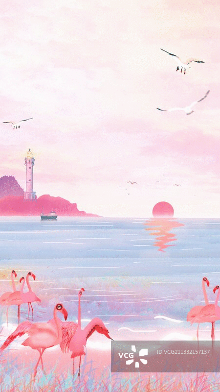 太阳从海边升起，海岛沙滩上火烈鸟在海边中嬉戏插画图片素材