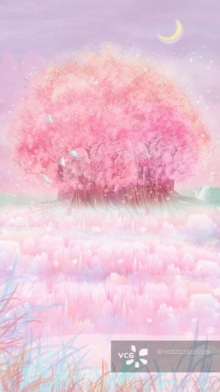 一棵茂盛的樱花树生长在山坡草坪上插画背景图片素材