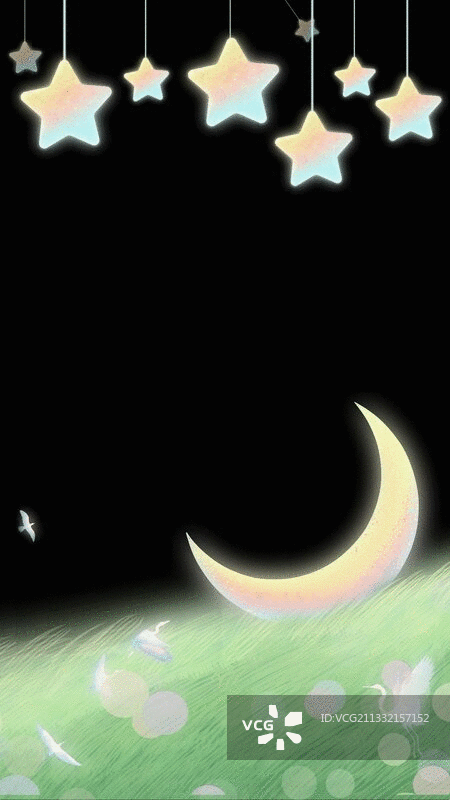 发光的月亮躺在绿色草坪山坡上插画背景图片素材