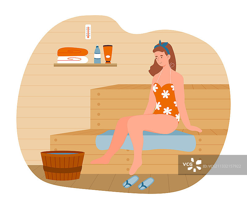 年轻女人在热桑拿房里放松身心图片素材