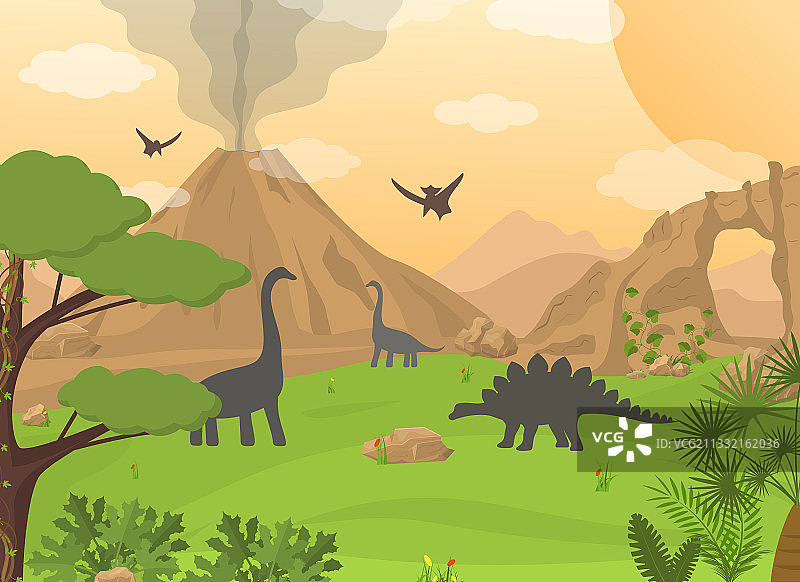 卡通彩色恐龙与景观场景图片素材