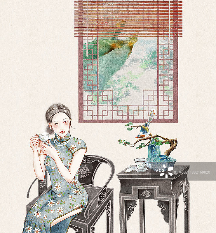 旗袍女子茗茶图片素材