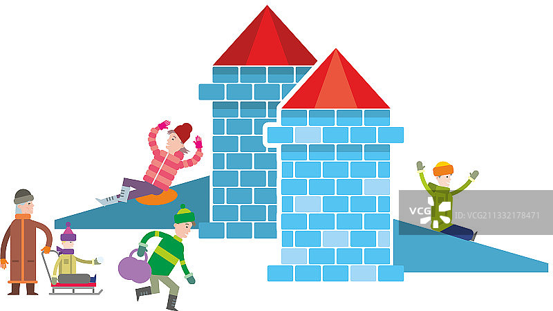 一群快乐的孩子在冰滑梯上玩耍图片素材