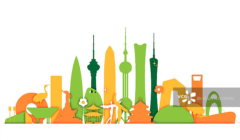 剪纸风上海北京深圳广州地标建筑矢量插画图片素材