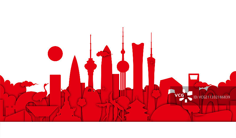 剪纸风上海北京深圳广州地标建筑矢量插画图片素材