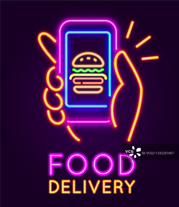 手持食品外卖霓虹灯横幅图片素材