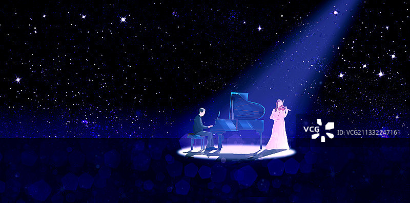 音乐家在舞台上弹钢琴，女孩拉小提琴插画图片素材