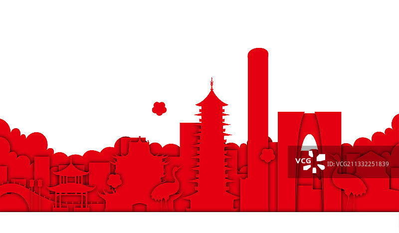 剪纸风苏州地标建筑矢量插画图片素材