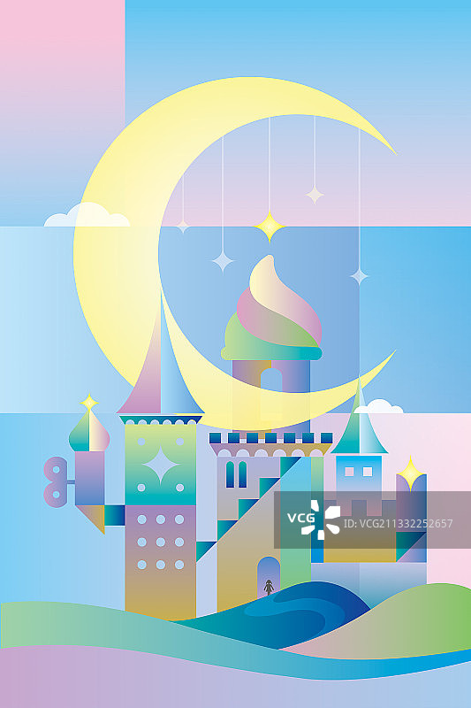 月亮下的童话城堡几何壁纸插画图片素材