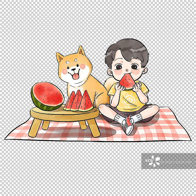 男孩吃西瓜柴犬在旁边图片素材