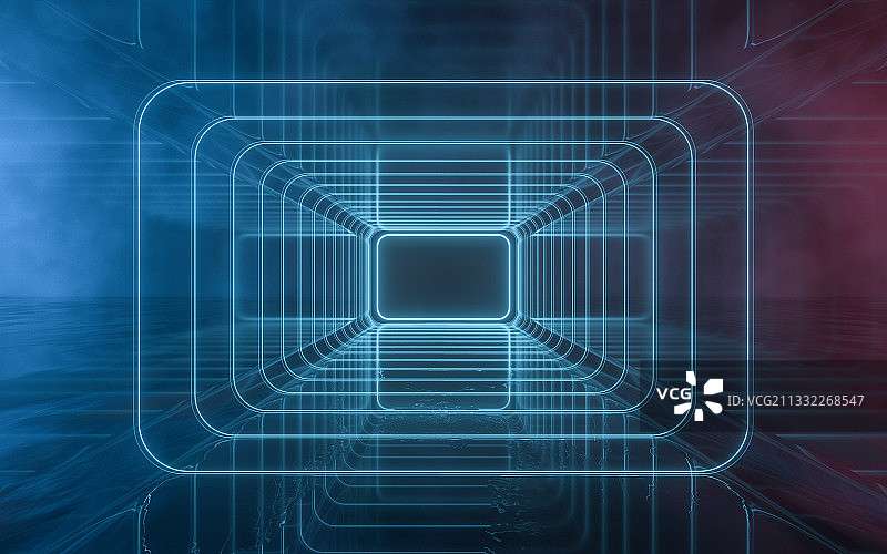 黑色背景下的隧道与霓虹线条 3D渲染图片素材